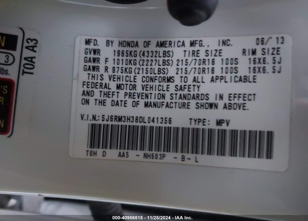 2013 HONDA CR-V LX VIN: 5J6RM3H38DL041356