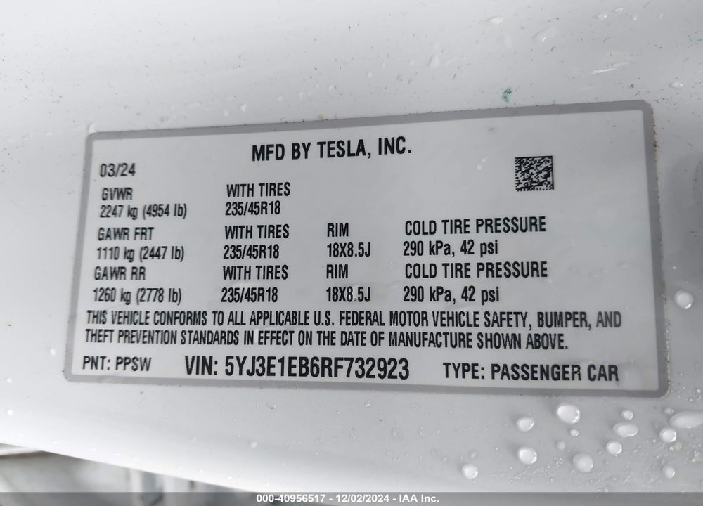 2024 TESLA MODEL 3 LONG RANGE DUAL MOTOR ALL-WHEEL DRIVE VIN: 5YJ3E1EB6RF732923
