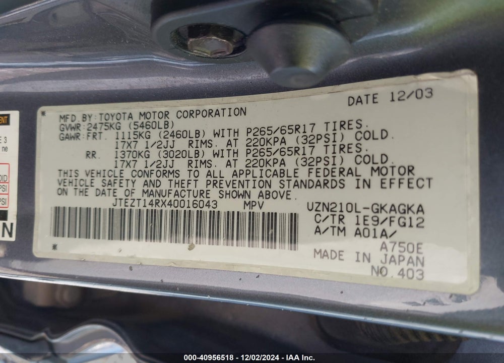 2004 TOYOTA 4RUNNER SR5 V8 VIN: JTEZT14RX40016043