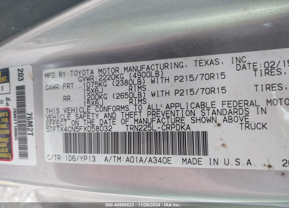 2015 TOYOTA TACOMA VIN: 5TFTX4CN5FX058032