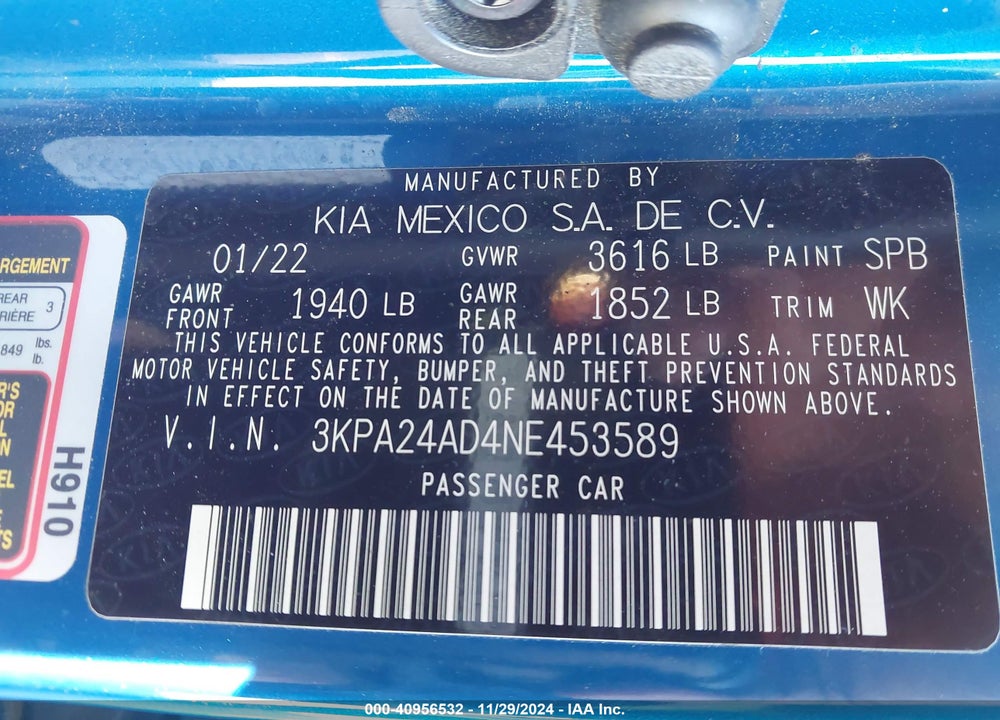 2022 KIA RIO S VIN: 3KPA24AD4NE453589