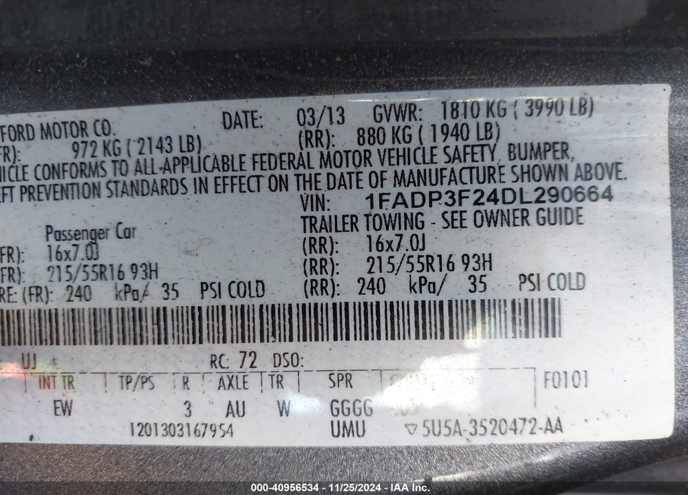 2013 FORD FOCUS SE VIN: 1FADP3F24DL290664