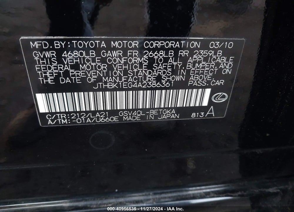2010 LEXUS ES 350 VIN: JTHBK1EG4A2386361