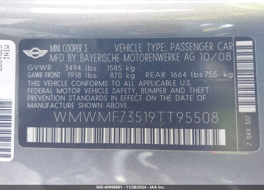 2009 MINI COOPER S VIN: WMWMF73519TT95508