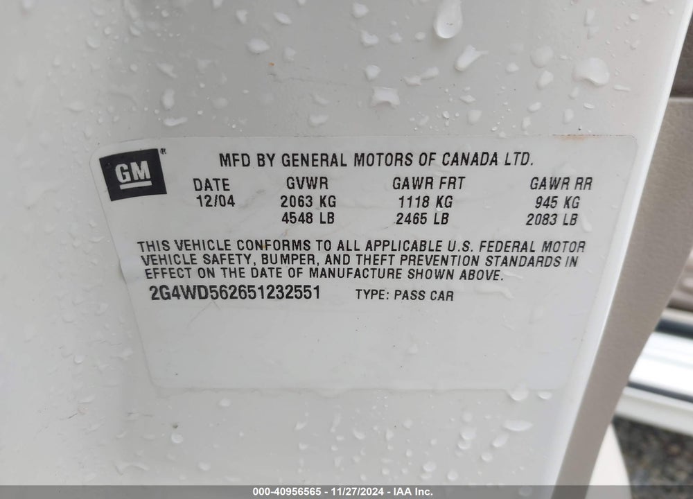 2005 BUICK LACROSSE CXL VIN: 2G4WD562651232551
