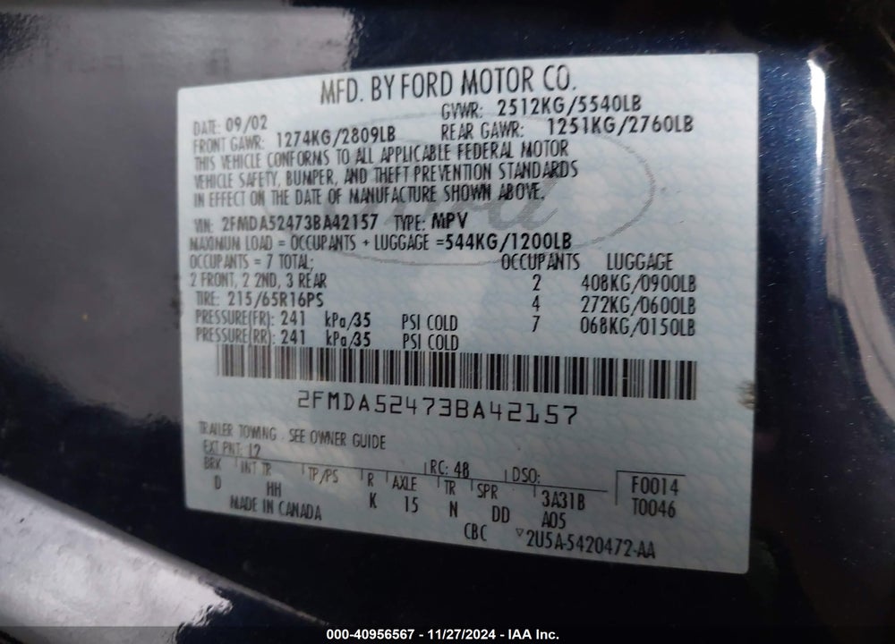 2003 FORD WINDSTAR SE VIN: 2FMDA52473BA42157