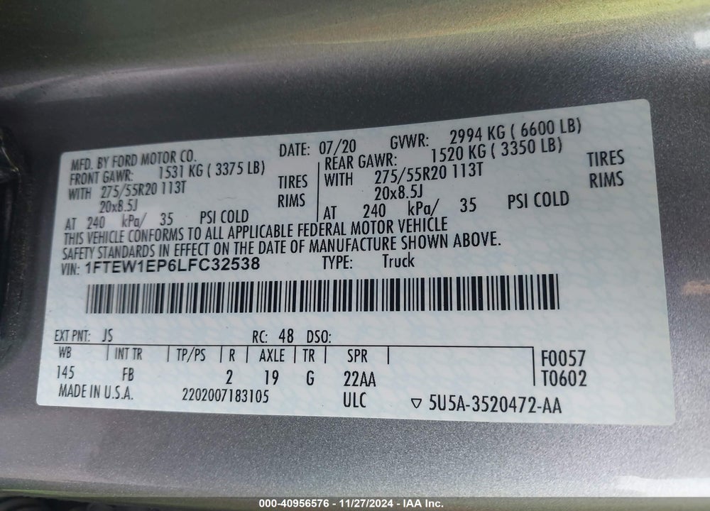 2020 FORD F-150 XLT VIN: 1FTEW1EP6LFC32538