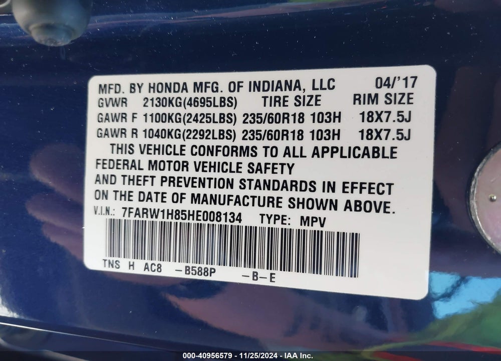 2017 HONDA CR-V EX-L/EX-L NAVI VIN: 7FARW1H85HE008134