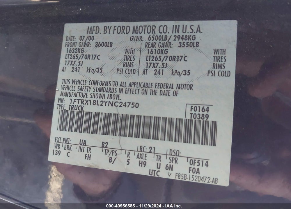 2000 FORD F-150 LARIAT/WORK SERIES/XL/XLT VIN: 1FTRX18L2YNC24750