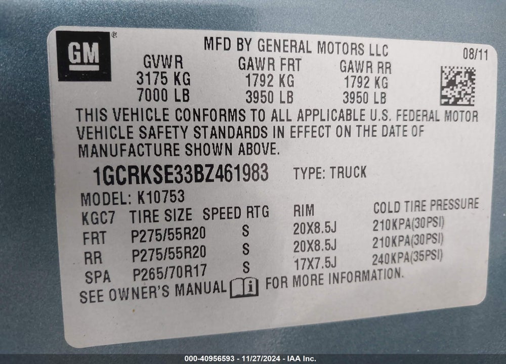 2011 CHEVROLET SILVERADO 1500 VIN: 1GCRKSE33BZ461983