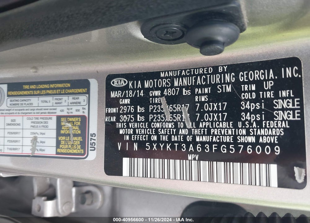 2015 KIA SORENTO LX VIN: 5XYKT3A63FG576009