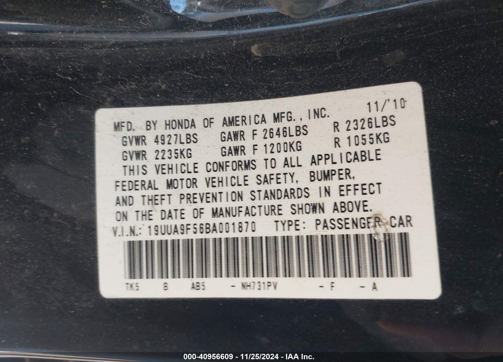 2011 ACURA TL 3.7 VIN: 19UUA9F56BA001870