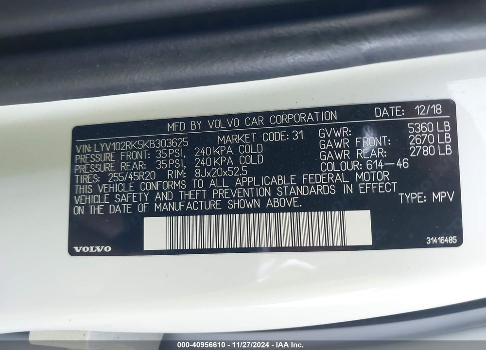 2019 VOLVO XC60 T5 MOMENTUM VIN: LYV102RK5KB303625