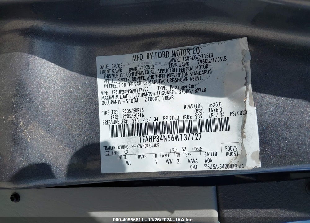 2006 FORD FOCUS ZX4 VIN: 1FAHP34N56W137727
