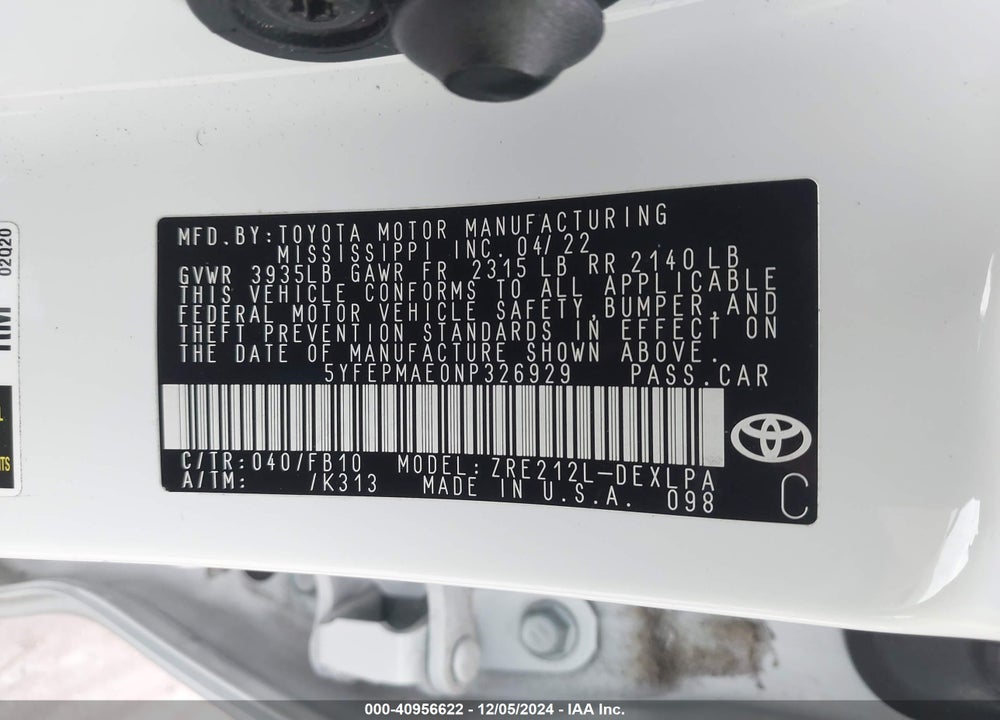 2022 TOYOTA COROLLA VIN: 5YFEPMAE0NP326929