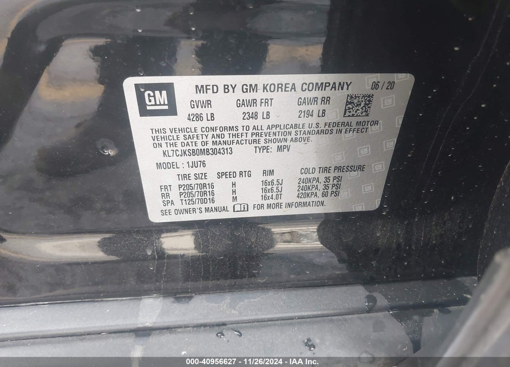 2021 CHEVROLET TRAX FWD LS VIN: KL7CJKSB0MB304313