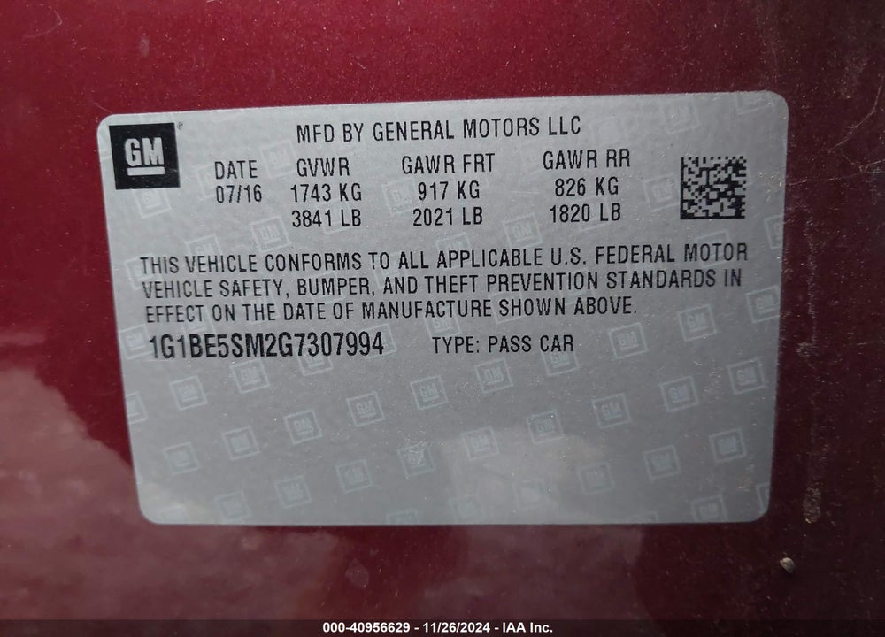 2016 CHEVROLET CRUZE LT AUTO VIN: 1G1BE5SM2G7307994