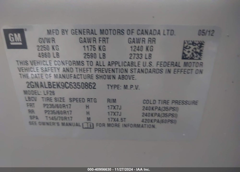2012 CHEVROLET EQUINOX LS VIN: 2GNALBEK9C6350862