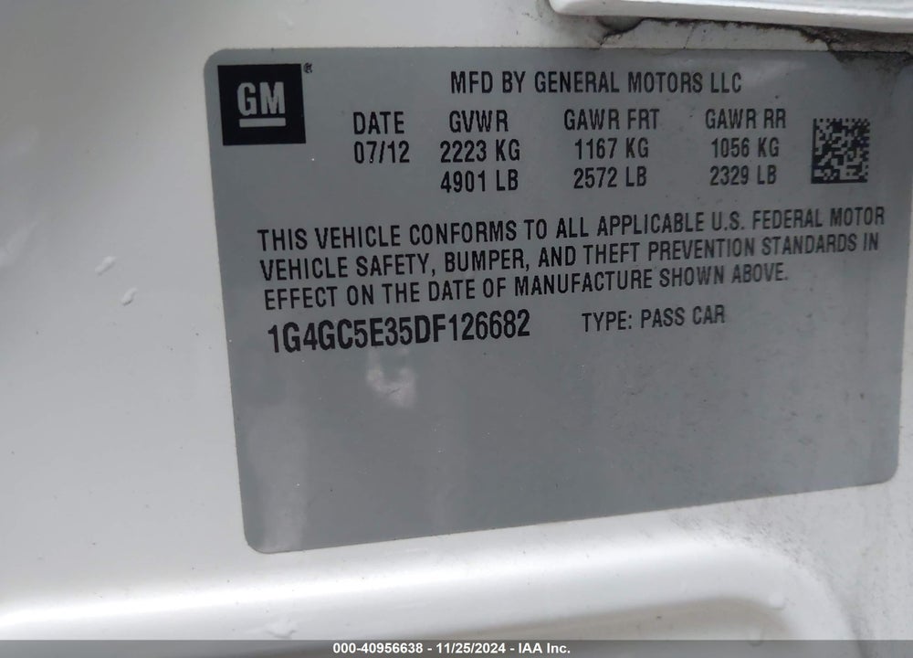 2013 BUICK LACROSSE LEATHER GROUP VIN: 1G4GC5E35DF126682