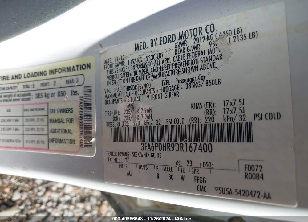 2013 FORD FUSION SE VIN: 3FA6P0HR9DR167400