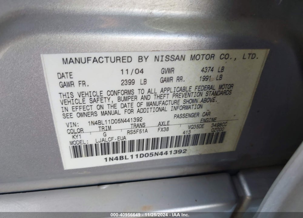 2005 NISSAN ALTIMA 3.5 SE VIN: 1N4BL11D05N441392