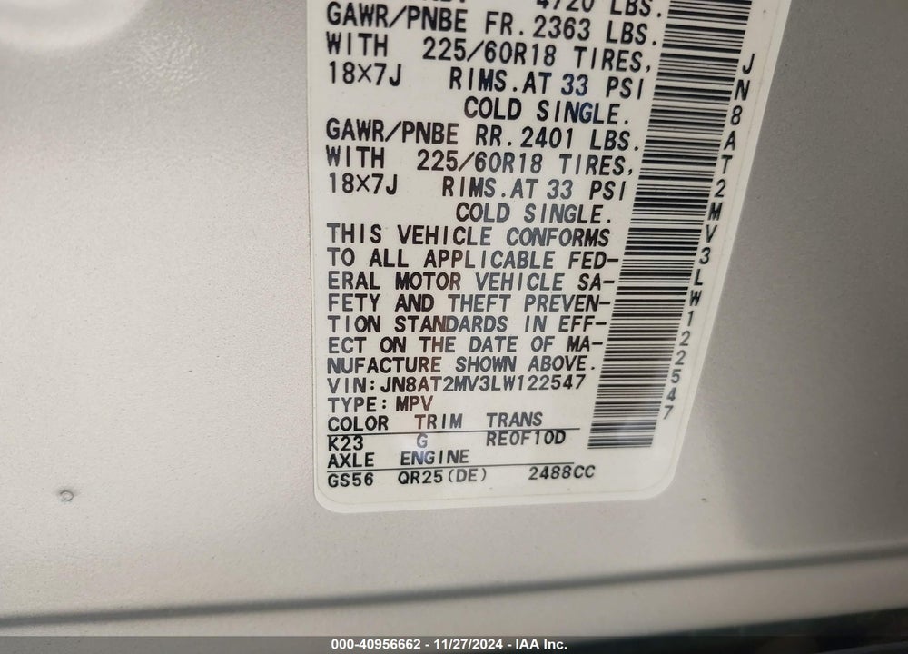 2020 NISSAN ROGUE SV INTELLIGENT AWD VIN: JN8AT2MV3LW122547