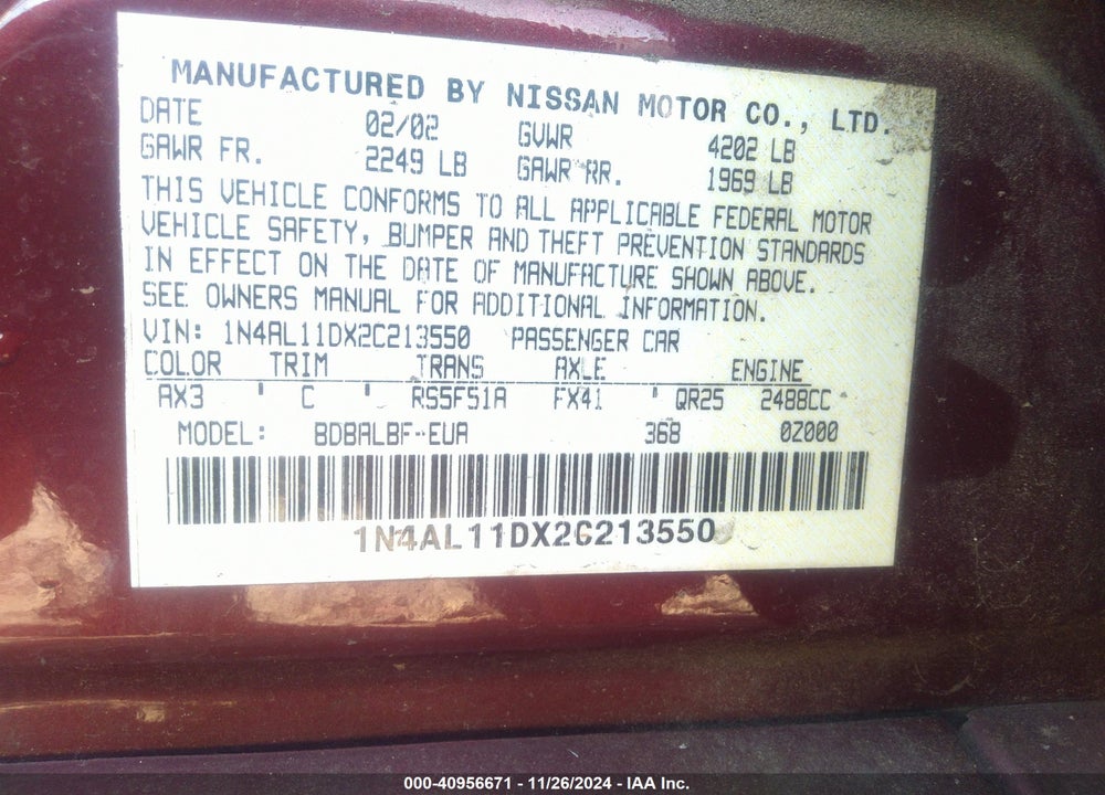 2002 NISSAN ALTIMA 2.5 S VIN: 1N4AL11DX2C213550