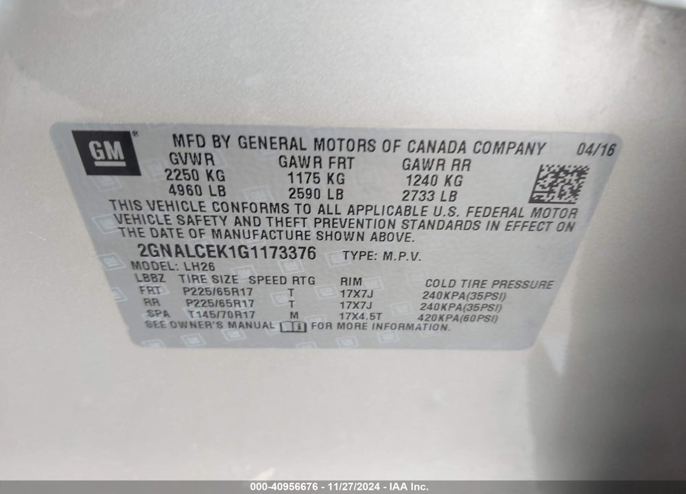 2016 CHEVROLET EQUINOX LT VIN: 2GNALCEK1G1173376