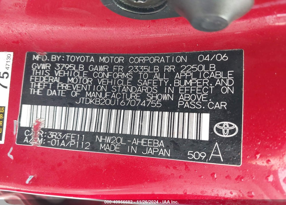 2006 TOYOTA PRIUS VIN: JTDKB20U167074755