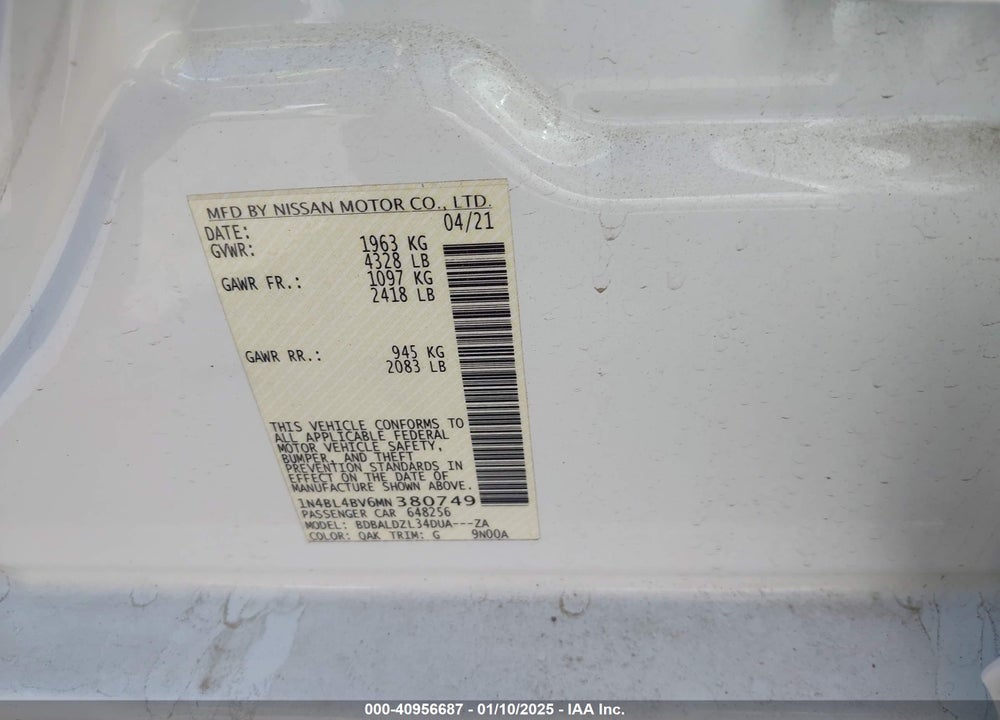 2021 NISSAN ALTIMA VIN: 1N4BL4BV6MN380749