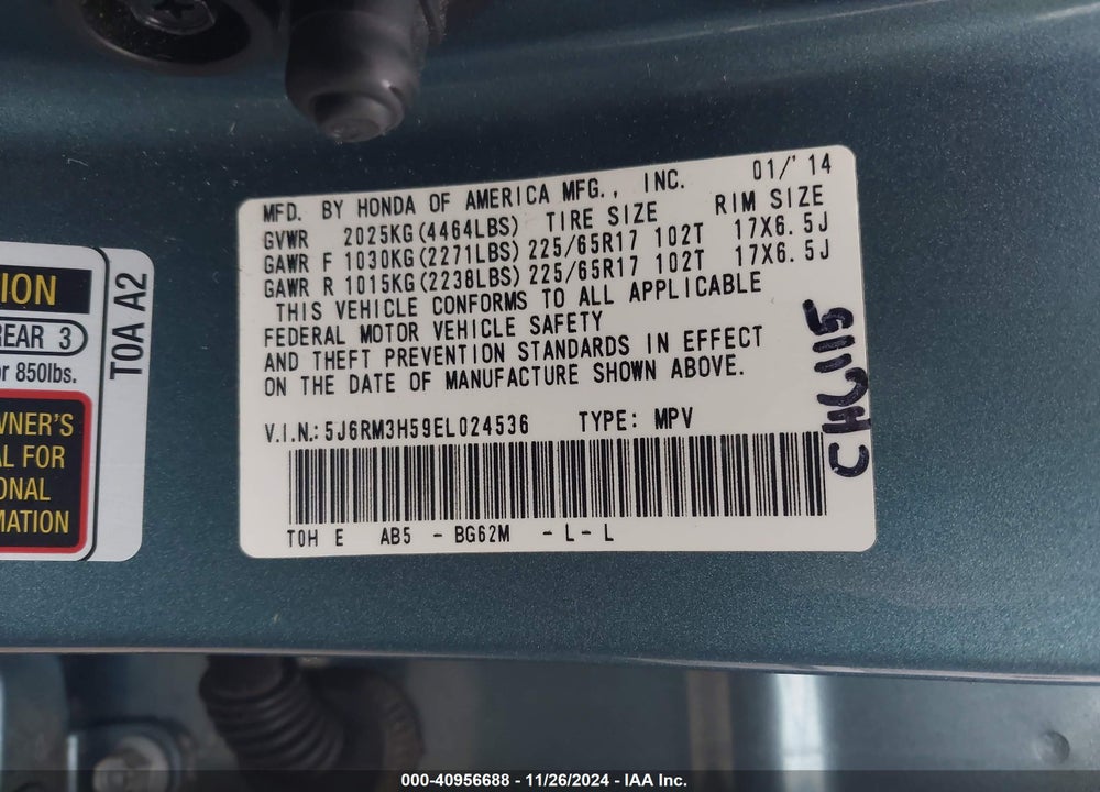 2014 HONDA CR-V EX VIN: 5J6RM3H59EL024536
