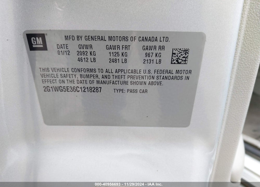 2012 CHEVROLET IMPALA LT VIN: 2G1WG5E36C1218287