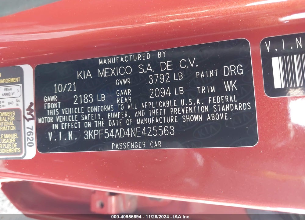 2022 KIA FORTE GT LINE VIN: 3KPF54AD4NE425563
