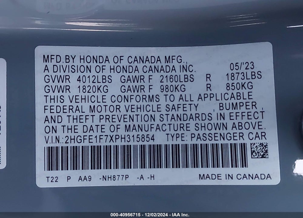 2023 HONDA CIVIC VIN: 2HGFE1F7XPH315854