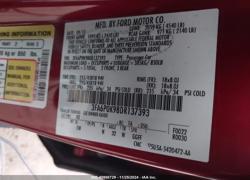 2013 FORD FUSION VIN: 3FA6P0K98DR137393