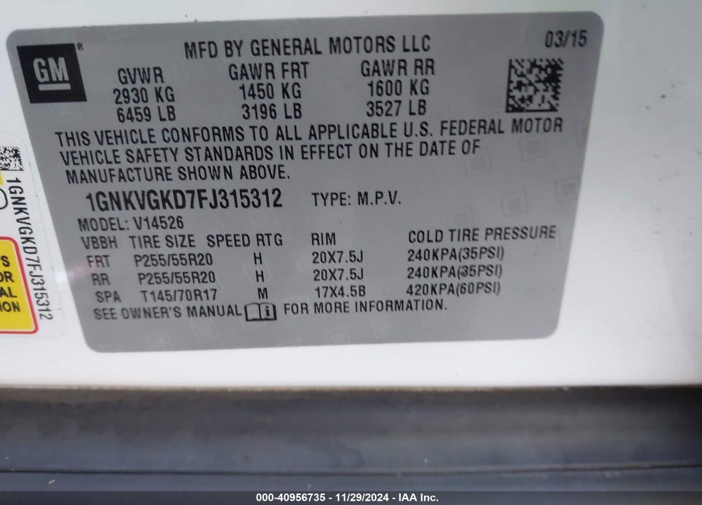 2015 CHEVROLET TRAVERSE 1LT VIN: 1GNKVGKD7FJ315312