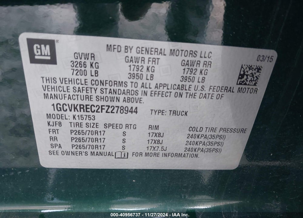 2015 CHEVROLET SILVERADO 1500 1LT VIN: 1GCVKREC2FZ278944