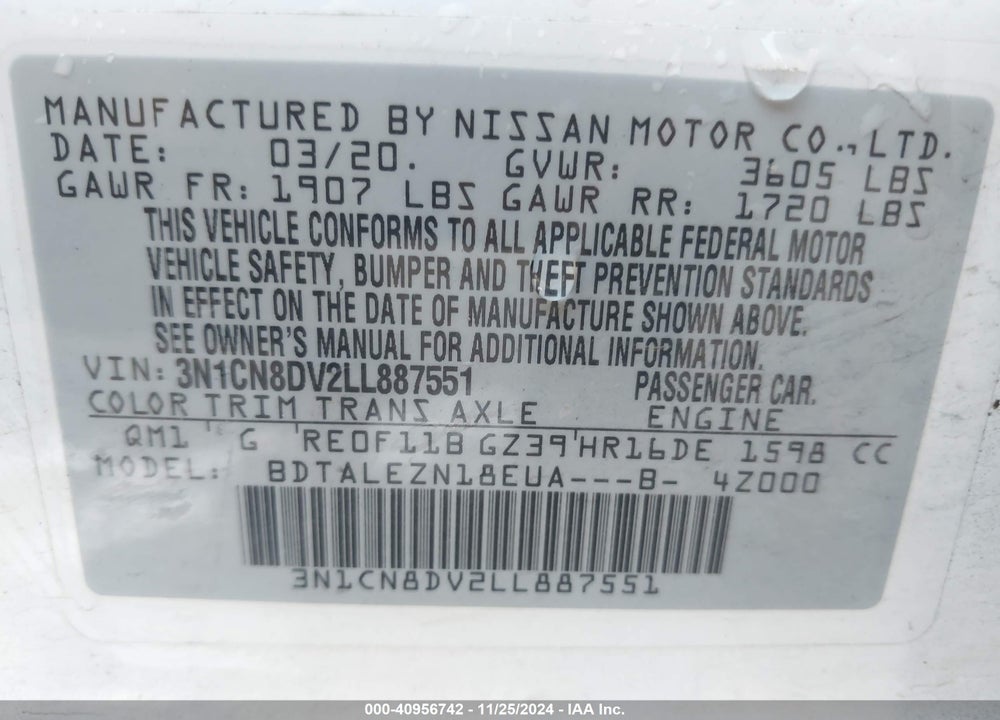2020 NISSAN VERSA S XTRONIC CVT VIN: 3N1CN8DV2LL887551