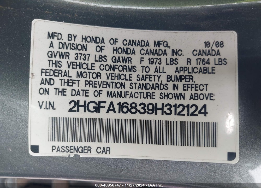 2009 HONDA CIVIC EX VIN: 2HGFA16839H312124
