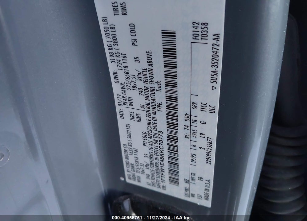 2019 FORD F-150 XLT VIN: 1FTFW1E48KKC70773