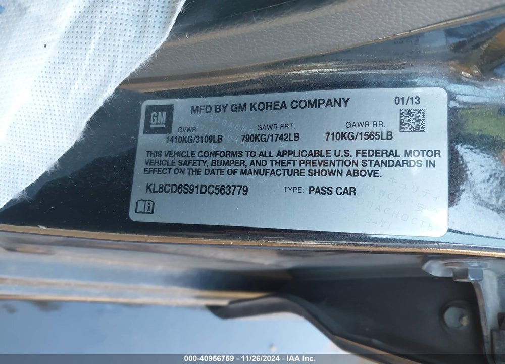2013 CHEVROLET SPARK 1LT AUTO VIN: KL8CD6S91DC563779