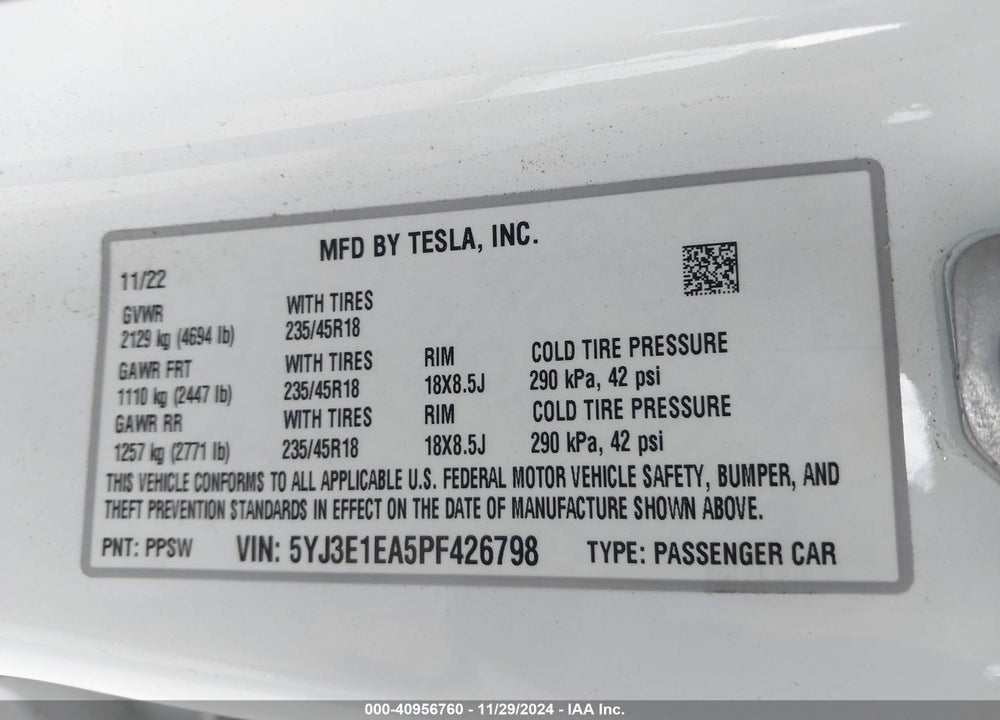 2023 TESLA MODEL 3 VIN: 5YJ3E1EA5PF426798