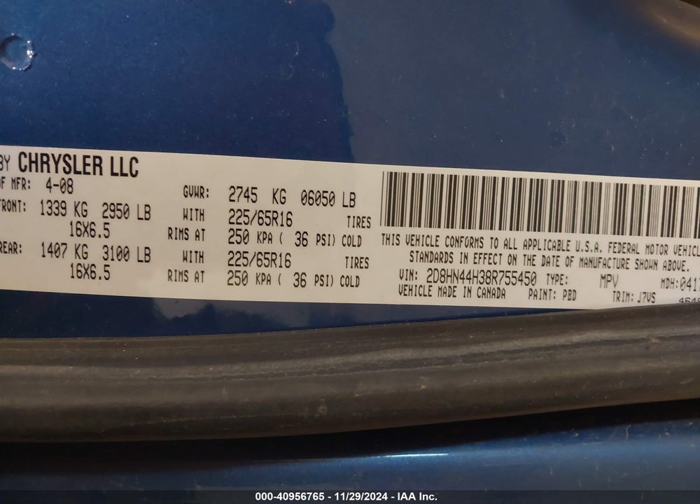 2008 DODGE GRAND CARAVAN SE VIN: 2D8HN44H38R755450