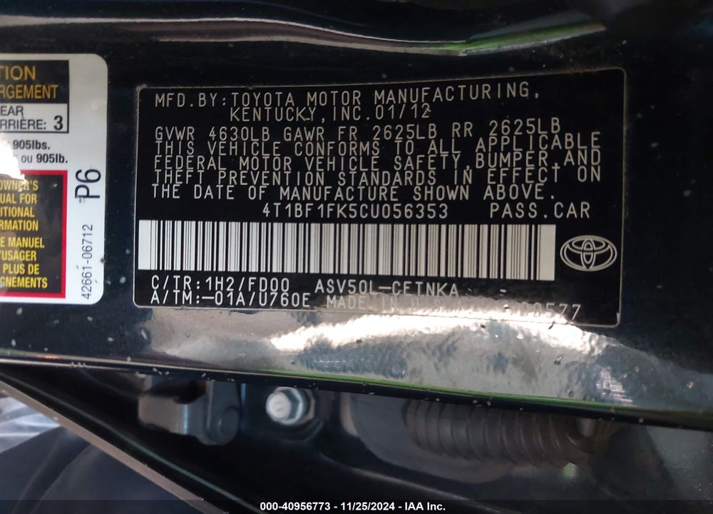 2012 TOYOTA CAMRY LE VIN: 4T1BF1FK5CU056353