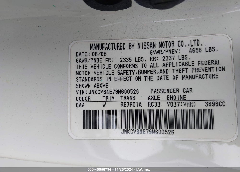 2009 INFINITI G37 JOURNEY VIN: JNKCV64E79M600526