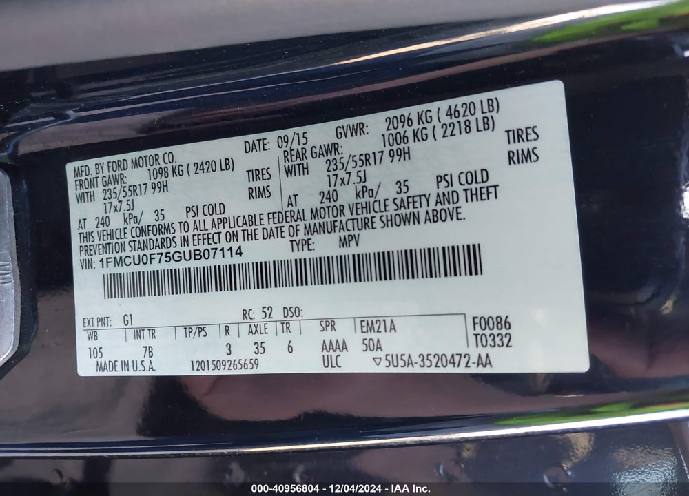 2016 FORD ESCAPE S VIN: 1FMCU0F75GUB07114