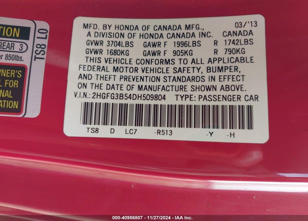 2013 HONDA CIVIC LX VIN: 2HGFG3B54DH509804