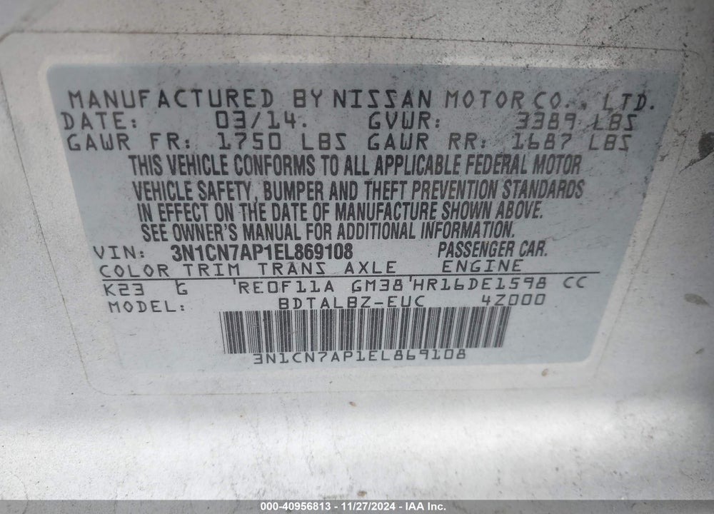 2014 NISSAN VERSA 1.6 SV VIN: 3N1CN7AP1EL869108