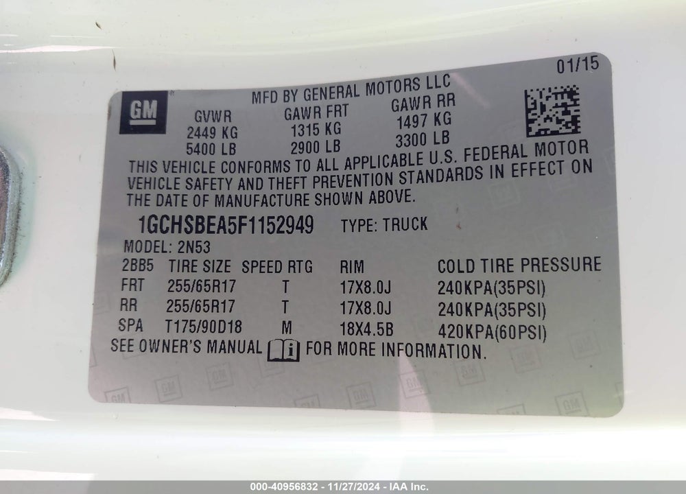 2015 CHEVROLET COLORADO LT VIN: 1GCHSBEA5F1152949