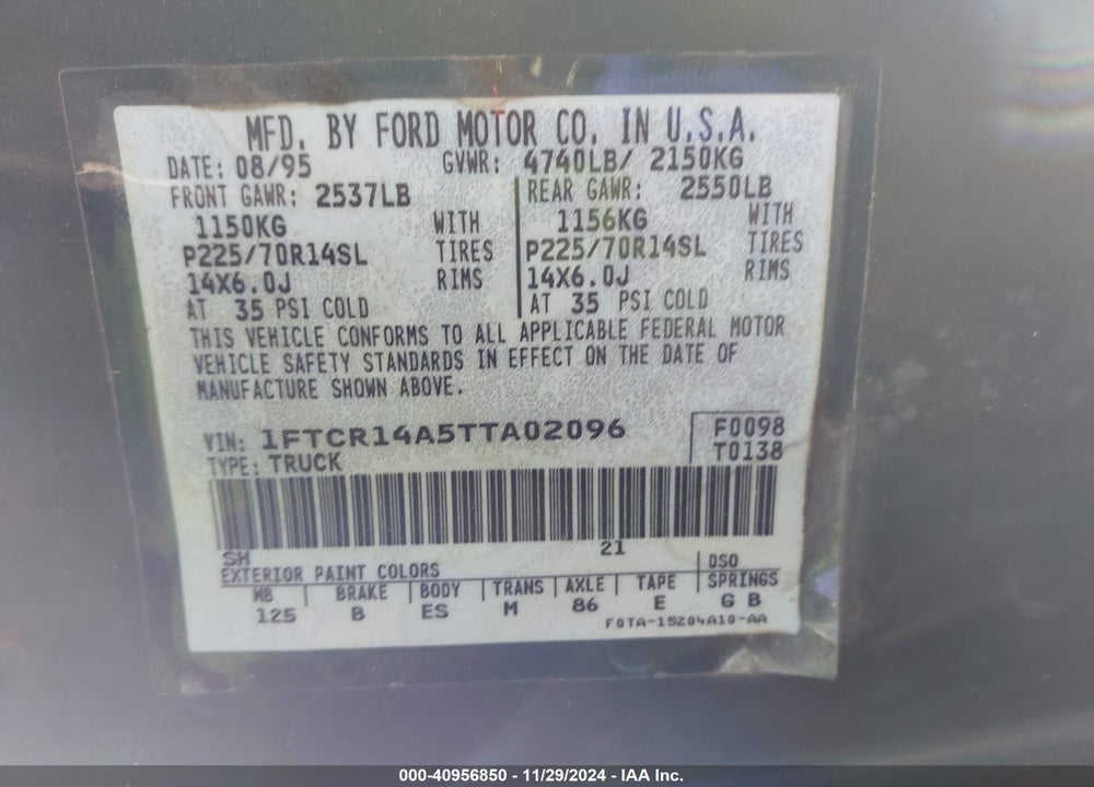 1996 FORD RANGER SUPER CAB VIN: 1FTCR14A5TTA02096